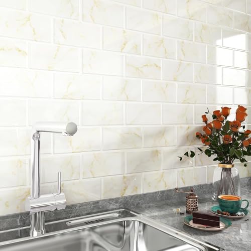 FunStick Marble Subway Tile Peel and Stick Backsplash for Kitchen 12"x12" White Gold Stick on Back Splashes for Kitchens Peel and Stick Wall Tiles for Bathroom Shower Tile Stickers Waterproof 5 Sheets - color: White, size: Box of 5 Tiles