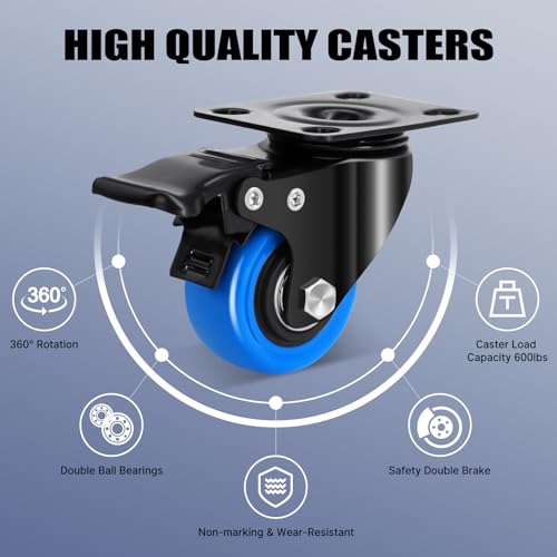 2 Inch Casters Wheel Set of 4, 600 Lbs Heavy Duty Casters, Safety Swivel Casters with Brake, No Noise Top Plate Wheels for Furniture, Carts (Free Screws and 1 Screwdriver) - size: 2inch