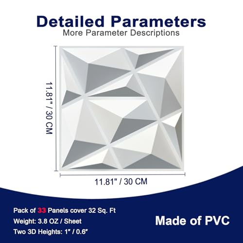 MIX3D 33 Pack 3D Wall Panels, Modern Diamond Textured Design for Interior Wall Decor in Living Room Bedroom Game Room Office Hotel, White, 12'' x 12'' Cover 32 Sq. Ft