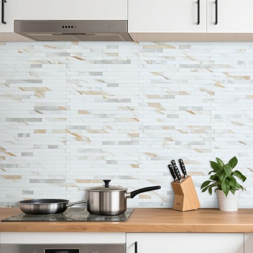 AULIGET 20 Sheets Calacatta Gold Peel and Stick Backsplash, PVC Mixed Metal Silver Wall Tile Stick on Backsplash for Kitchen and Bathroom - color: Calacatta Gold + Metal Silver, size: 20 Sheets, 6"x12"x0.12"