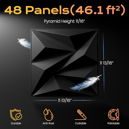 Sonicism Wall Panels 48Pack 3D Wall Panels 0.7"x11.8"x11.8"Creative Cutting - color: Charcoal Black, size: 48 Pack (46.08 Sq Ft)