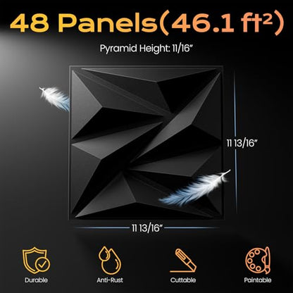 Sonicism Wall Panels 48Pack 3D Wall Panels 0.7"x11.8"x11.8"Creative Cutting - color: Charcoal Black, size: 48 Pack (46.08 Sq Ft)