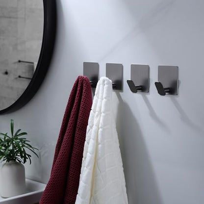 DELITON Towel Hooks for Bathrooms - 4 Pack Adhesive Wall Hooks Heavy Duty No Damage, Coat Robe Sticky Hooks for Hanging Waterproof SUS304 Stainless Steel, Grey - color: Gray