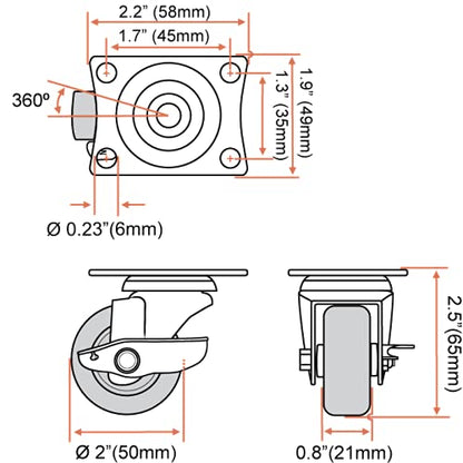 FactorDuty 8 Pack 2" Swivel Caster with Brake Wheels Hard Rubber Base w/Top Plate & Bearing (2" Combo-8 pcs) - size: 2" combo, 8 pcs