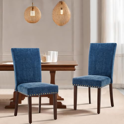 COLAMY Upholstered Parsons Dining Chairs Set of 2, Fabric Dining Room Kitchen Side Chair with Nailhead Trim and Wood Legs - Dark Blue - color: F-darkblue, size: Set of 2
