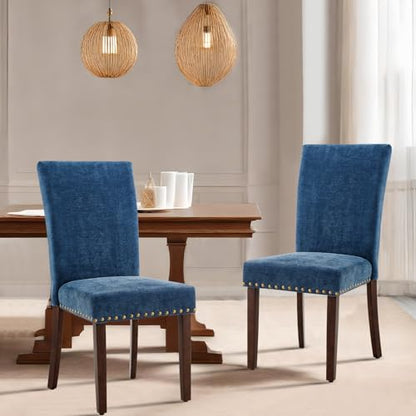 COLAMY Upholstered Parsons Dining Chairs Set of 2, Fabric Dining Room Kitchen Side Chair with Nailhead Trim and Wood Legs - Dark Blue - color: F-darkblue, size: Set of 2