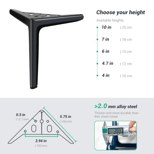 Black Furniture Legs 4 Inch, Metal Legs for Furniture Set of 4 - size: 4 Inch | 10cm