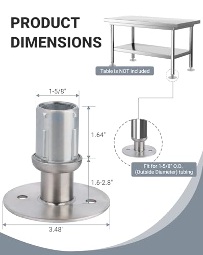 Adjustable Bullet Feet for 1-5/8" O.D. Tubing - Table Leg Levelers - color: Stainless Steel Round Flange Base Leveling Feet