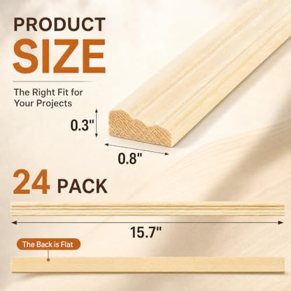 24 Pack Wall Molding Trim, 3D Unfinished Flat Wood Trim, 15.7"x0.8"