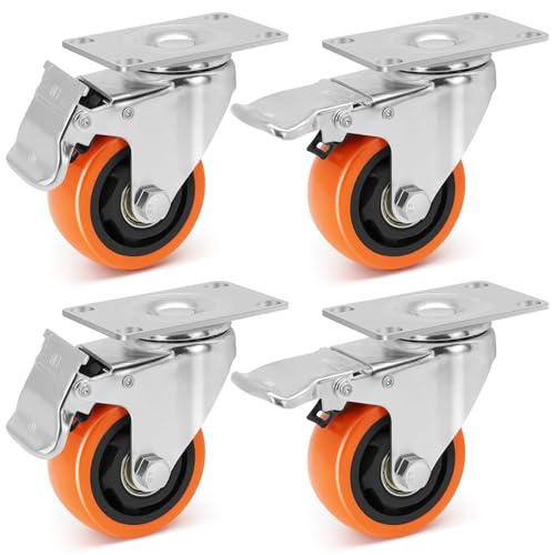 WBD WEIBIDA 3 Inch Swivel Caster Wheels with Brake, Safety Dual Locking Casters Set of 4 Heavy Duty of 1000lbs, Premium Polyurethane Wheels for Furniture and Workbench((Screws and Spanner) - size: 3 INCH