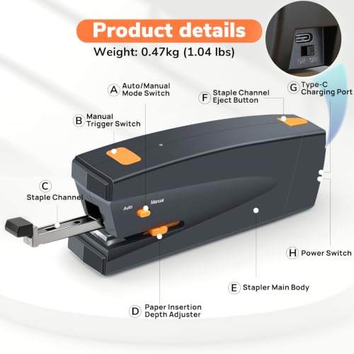 Rechargeable Electric Stapler, 25 Sheet Capacity, Quiet Operation, Jam-Free and Easy Reload, Includes 1000 Staples, Black