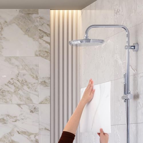 HARFINGTON 15pcs Peel and Stick Marble Tiles, Waterproof Wall Panel Backsplash, 12"x12" PVC Peel and Stick Shower Tiles for Bathroom, Kitchen, Living, Classic White Design - style: Classic White