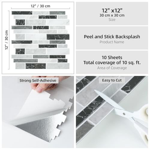 Vieshful Marble Peel and Stick Backsplash, 12 x 12 in, 10 Sheets - color: Black Grey Marble Mix, size: 10 Sheets