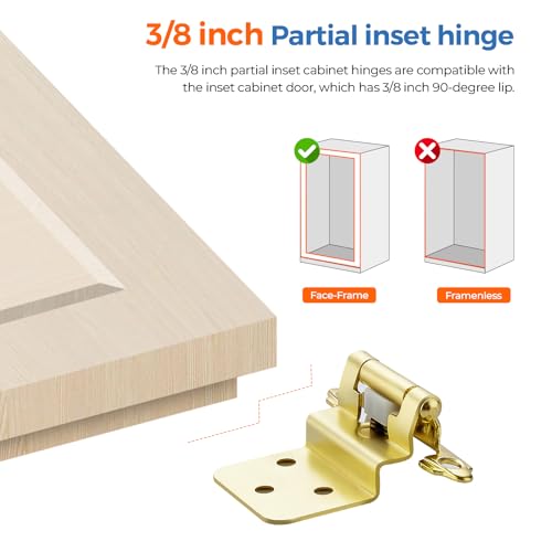 Gold Self-Close Cabinet Hinges, 3/8 Inch Inset,20 Pack 10 Pairs - size: Semi Concealed 3/8 inch Overlay