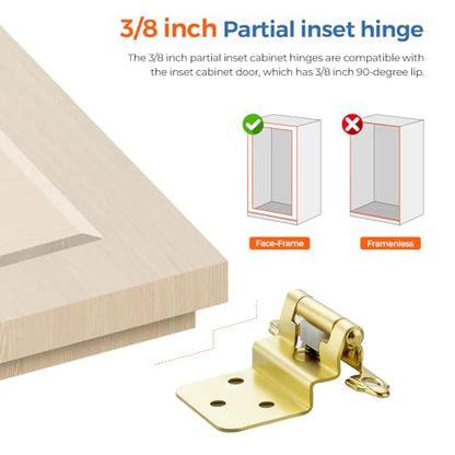 Gold Self-Close Cabinet Hinges, 3/8 Inch Inset,20 Pack 10 Pairs - size: Semi Concealed 3/8 inch Overlay