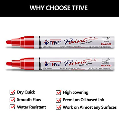 TFIVE Red Permanent Markers Paint Pens, 2 Pack Oil Based Paint Markers - color: Red