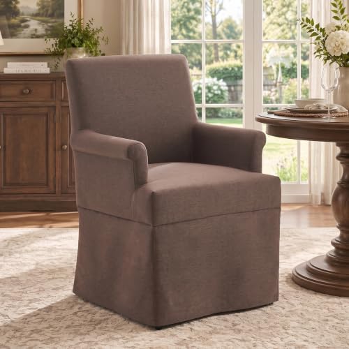 Arm Dining Chair Fabric Long Skirt Slipcovered High Back Upholstered Dinner - color: Brown, size: 1 PC