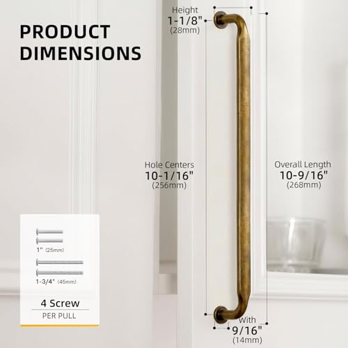 Goldenwarm 10 Pack 10 Inch Antique Brass Cabinet Pulls Retro Drawer Pulls - color: Antique Brass, size: 10 Inch Hole Center