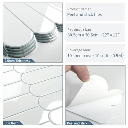 White Peel and Stick Backsplash Self Adhesive Wall Tiles 10-Sheet - color: White