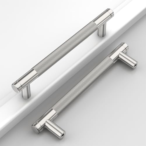 Brushed Nickel Knurled Cabinet Handles Kitchen Pulls 5 Inch 10 Pack - color: Brushed Satin Nickel, size: 5" Hole Center
