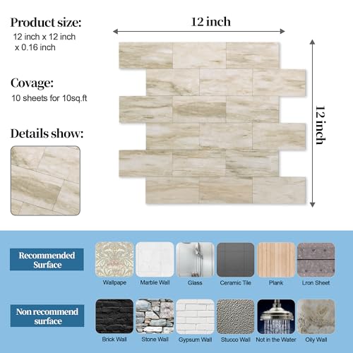2026 New Upgrade Peel and Stick Backsplash Tile, Peel and Stick 11.34" X 11.57" Wall Tile for Kitchen, Bathroom, Fireplace, Laundry (Light Beige Stone, 10 Packs) - color: Light Beige Stone