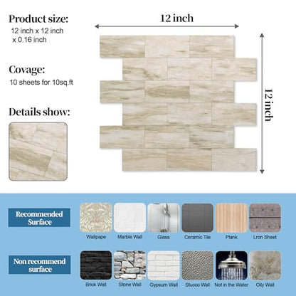 2026 New Upgrade Peel and Stick Backsplash Tile, Peel and Stick 11.34" X 11.57" Wall Tile for Kitchen, Bathroom, Fireplace, Laundry (Light Beige Stone, 10 Packs) - color: Light Beige Stone