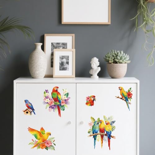 Peacoblue Parrot with Tropical Plants Rub On Transfers for Furniture 6"x12" - style: Parrot with Tropical Plants