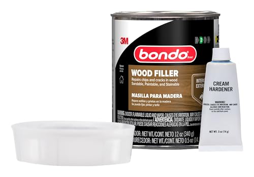 Bondo Wood Filler 12 oz with Hardener 0.5 oz, Repairs Chips and Cracks in Wood, Sandable, Paintable, and Stainable (WF-PT-ES) - size: 1 Filler 12 oz, 1 Hardener 0.5 oz