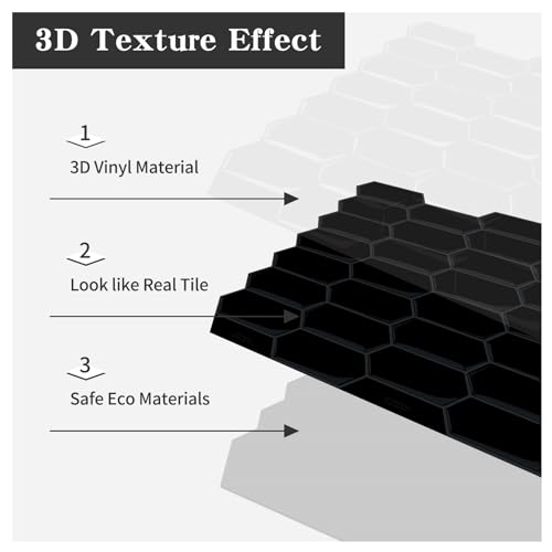 10-Sheet Long Hexagon Peel and Stick Kitchen Backsplash Tiles - color: Black