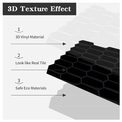 10-Sheet Long Hexagon Peel and Stick Kitchen Backsplash Tiles - color: Black