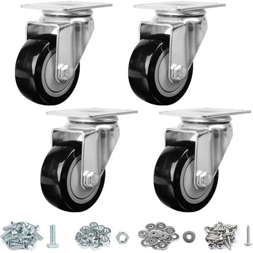 Finnhomy 3 Inch Swivel Casters Wheels Set of 4 Heavy Duty Plate Casters Premium Polyurethane PU Wheels for Furniture/Workbench Load Bearing 2,200 Lbs Anti-wear Smooth Casters Black (Free Screws) - style: 3" (No Brake)