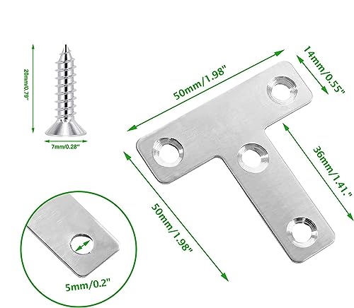10Pcs T Shape Flat Mending Plates 50mmx50mm (2" x 2") T Corner Braces T Bracket Connector Fixing Repair Plates for Furniture with 40Pcs Screws , Silver(50x50mm(2x2)) - size: 50x50mm(2x2")