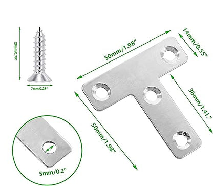 10Pcs T Shape Flat Mending Plates 50mmx50mm (2" x 2") T Corner Braces T Bracket Connector Fixing Repair Plates for Furniture with 40Pcs Screws , Silver(50x50mm(2x2)) - size: 50x50mm(2x2")