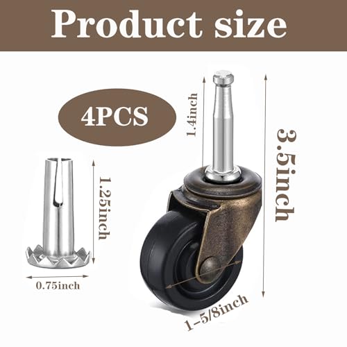 4-Piece Set of Antique Brass Rollers with Rubber Wheels Suitable for Tables, Sofas, wardrobes, Dressing Tables, cabinets, Chairs, 1-5/8-inch Pole Roller Replacement, Suitable for Hardwood Flooring