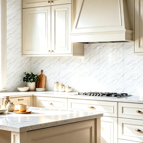 12Pcs Peel and Stick Backsplash White Marble Wall Tiles, 23.6” x 11.8” - color: White, size: 23.6" x 11.8" x 2.2mm