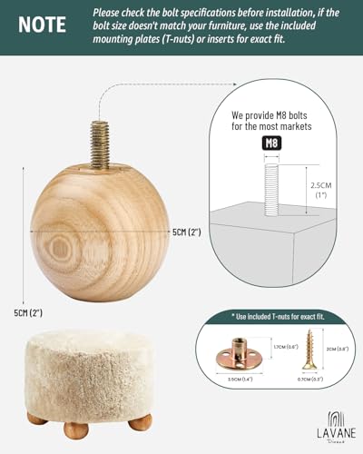 La Vane 2 inch Ash Wood Round Small Ball Furniture Bed Legs,Varnished,4PCS - color: Wood Color