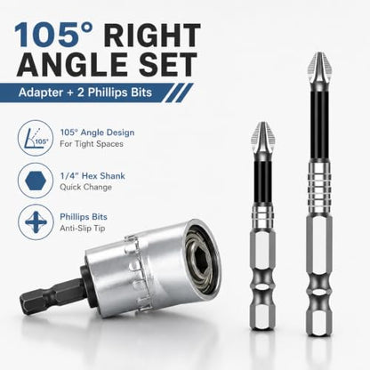 105° Right Angle Drill Adapter Set, 3-Piece 1/4-Inch Hex Shank Screwdriver Attachment with 2 Anti-Slip Phillips Bits for Tight Spaces, Drills and Electric Screwdrivers