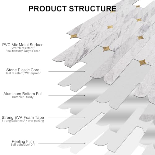 Peel and Stick Backsplash Tiles, 10-Sheet BPA-Free PVC White Mixed Gold Stellate, 12"x12" Waterproof Heat Resistant Geometric Flower Tile for Kitchen Bathroom Fireplace RV - color: White Mixed Gold Stellate