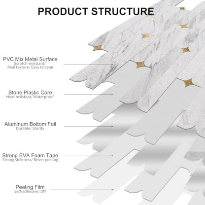 Peel and Stick Backsplash Tiles, 10-Sheet BPA-Free PVC White Mixed Gold Stellate, 12"x12" Waterproof Heat Resistant Geometric Flower Tile for Kitchen Bathroom Fireplace RV - color: White Mixed Gold Stellate
