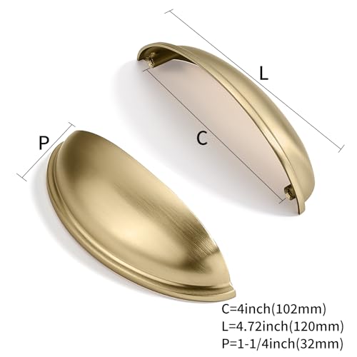 10 Pack 4" Drawer Pulls Brushed Brass Cabinet Cup Pulls Kitchen Hardware Cabinet Handles Drawer Handles Knobs 4 inch Hole Center - color: Brushed Brass, size: 4"(102mm) Hole Center