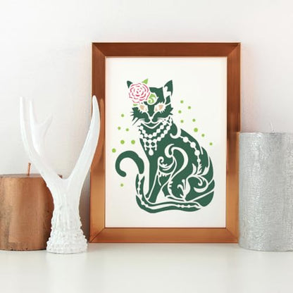 FINGERINSPIRE Flower Cat Stencils with a Brush 11.7x8.3Inch Beautiful Female Cat Painting Stencils Elegant Cat with Rose & Pearl Necklace Stencil Animal Themes PET Template for Wood Floor Wall DIY - color: Flower Cat