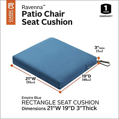 Classic Accessories Ravenna Water-Resistant 21 x 19 x 3 Inch Patio Seat Cushion, Empire Blue, Chair Seat Cushion - color: Empire Blue, size: 21"W x 19"D x 3"Thick