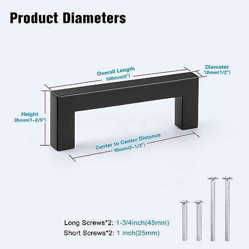 KNOBWELL 20 Pack| 3-1/2 inch Black Drawer Pulls, 90mm Modern Kitchen Cabinet Handle Pulls Stainless Steel, Black Square Bar Handle for Wardrobe Closet Chest Nightstand - color: Matte Black, size: Hole Center:3-1/2 inch(90mm)
