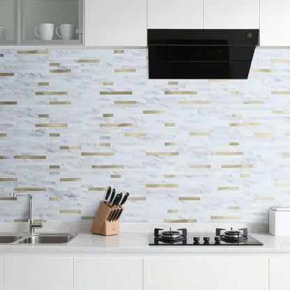 DICOFUN 20 Sheets White Marble Peel and Stick Backsplash, PVC Mixed Metal Gold Stick on Wall Tiles for Kitchen and Bathroom - color: White Marble + Metal Gold, size: 20 Sheets, 6’’x12’’x0.12’’