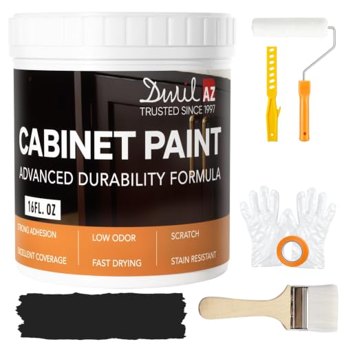 DWIL Cabinet Paint, Water Based Kitchen Cabinet Paint, Black Furniture Paint, Wood Paint, Low Odor, Fast Drying, Semi-Gloss, 16oz Black - color: Black, size: 16 Fl Oz (Pack of 1)