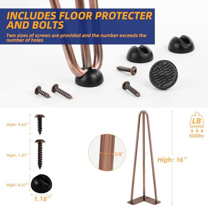 ROTHLEY Coffee Table Legs 16 Inch Hairpin Legs 3 Solid Rods Metal Table Legs Bench Legs for Furniture Set of 4 Furniture Feet with Floor Protectors Heavy Duty Desk Legs DIY Dresser Leg(Antique Copper) - size: 16 inch