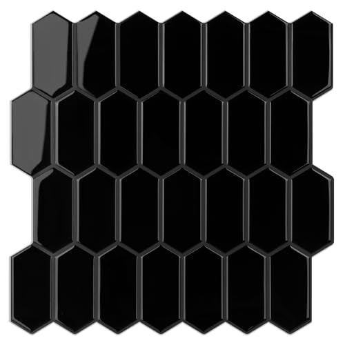 Peel and Stick Tile for Kitchen, Thicker Design 3D Self -Adhesive Long Hexagon Wall Tile Backsplash, Black 10-Sheet 12"x12" Stick on Tiles, Peel and Stick Wall Tiles for Kitchen - color: Black