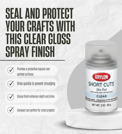 3x Krylon Short Cuts Gloss Clear Coat Spray Paint for Plastic & More 3 Oz Bundle With Safety Glasses – Fast-Drying Indoor Enamel For Crafts, Wood, and Metal – Inverted Spray – Gift Set (4 Items)