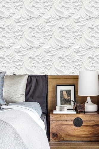 Peel and Stick Wallpaper White Gray Scroll Floral Modern - color: White&Light Gray, size: 17.7" x 78.7"