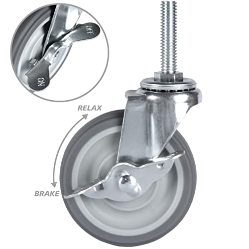 Finnhomy Caster Wheels 3 Inch Set of 4 Heavy Duty Threaded Stem Casters 3/8"-16x1-1/2 Swivel Rubber Industrial Castors Locking Wheels for Wire Shelving/Furniture/Carts Load Bearing 720 Lbs Gray - size: 3/8" -16 x 1-1/2" (with Brake)